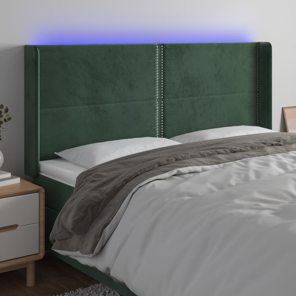 vidaXL Čelo postele s LED tmavozelené 203x16x118/128 cm zamat