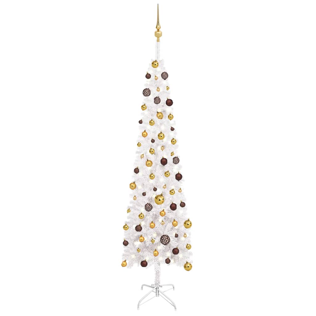 vidaXL Úzky osvetlený vianočný stromček s guľami, biely 210 cm