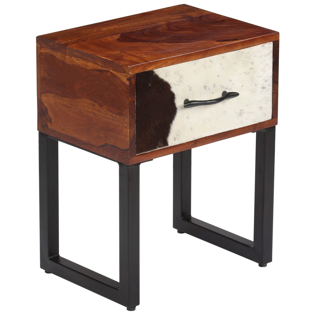 vidaXL Nočný stolík masívne sheeshamové drevo a pravá koža 40x30x50 cm