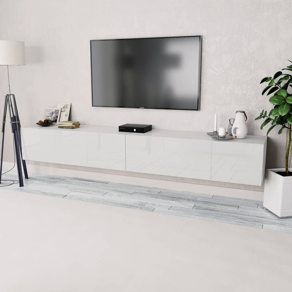vidaXL Skrinky pod TV, 2ks, drevotrieska, 120x40x34 cm, vysoký lesk, biele