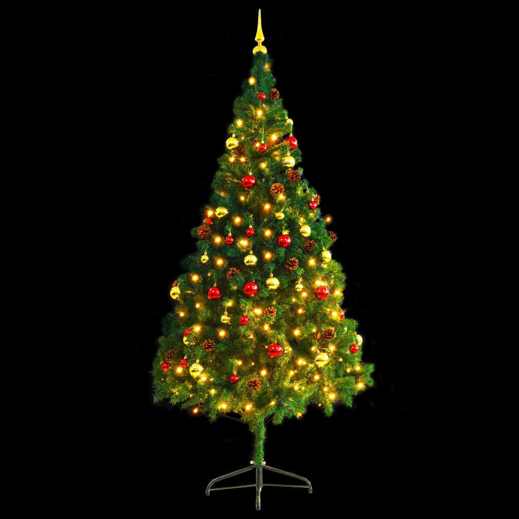 vidaXL Osvetlený umelý vianočný stromček s ozdobami, zelený 210 cm