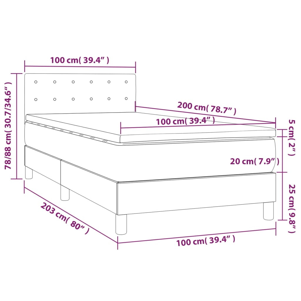 vidaXL Posteľný rám boxsping matrac a LED tmavozelený 100x200 cm zamat