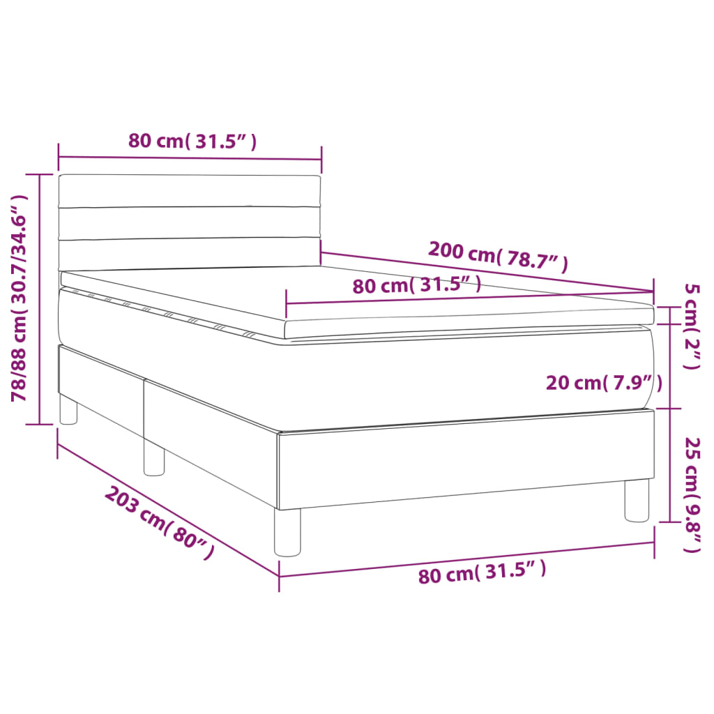 vidaXL Posteľ boxsping s matracom a LED tmavosivá 80x200 cm látka