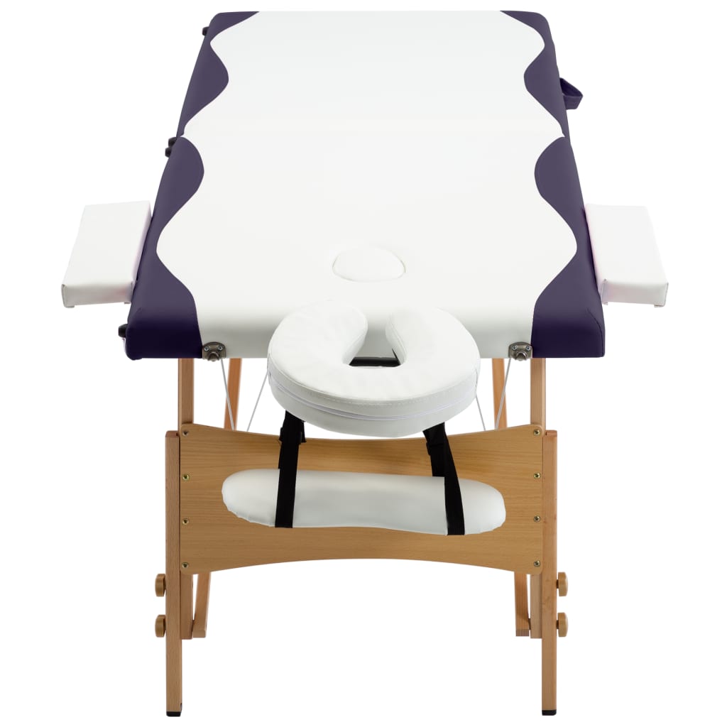 vidaXL Skladací masážny stôl, 2 zóny, drevo, bielo fialový