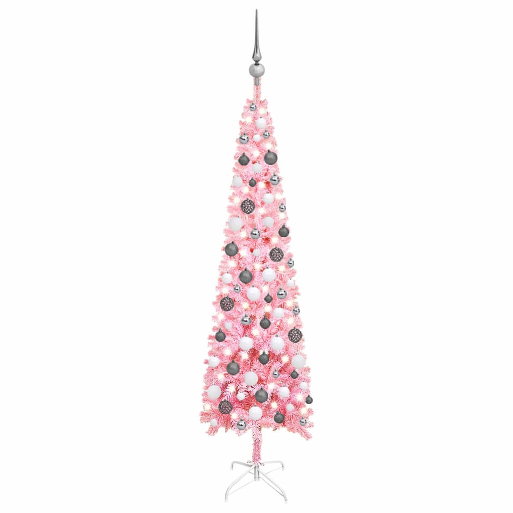 vidaXL Úzky vianočný stromček s LED a sadou gulí ružový 150 cm
