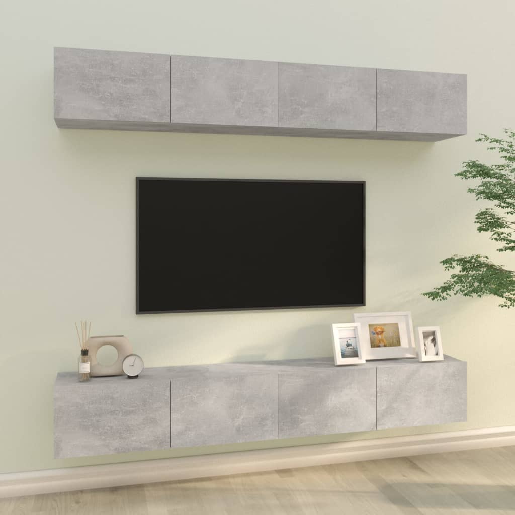 vidaXL Nástenné TV skrinky 4 ks betónové sivé 100x30x30 cm
