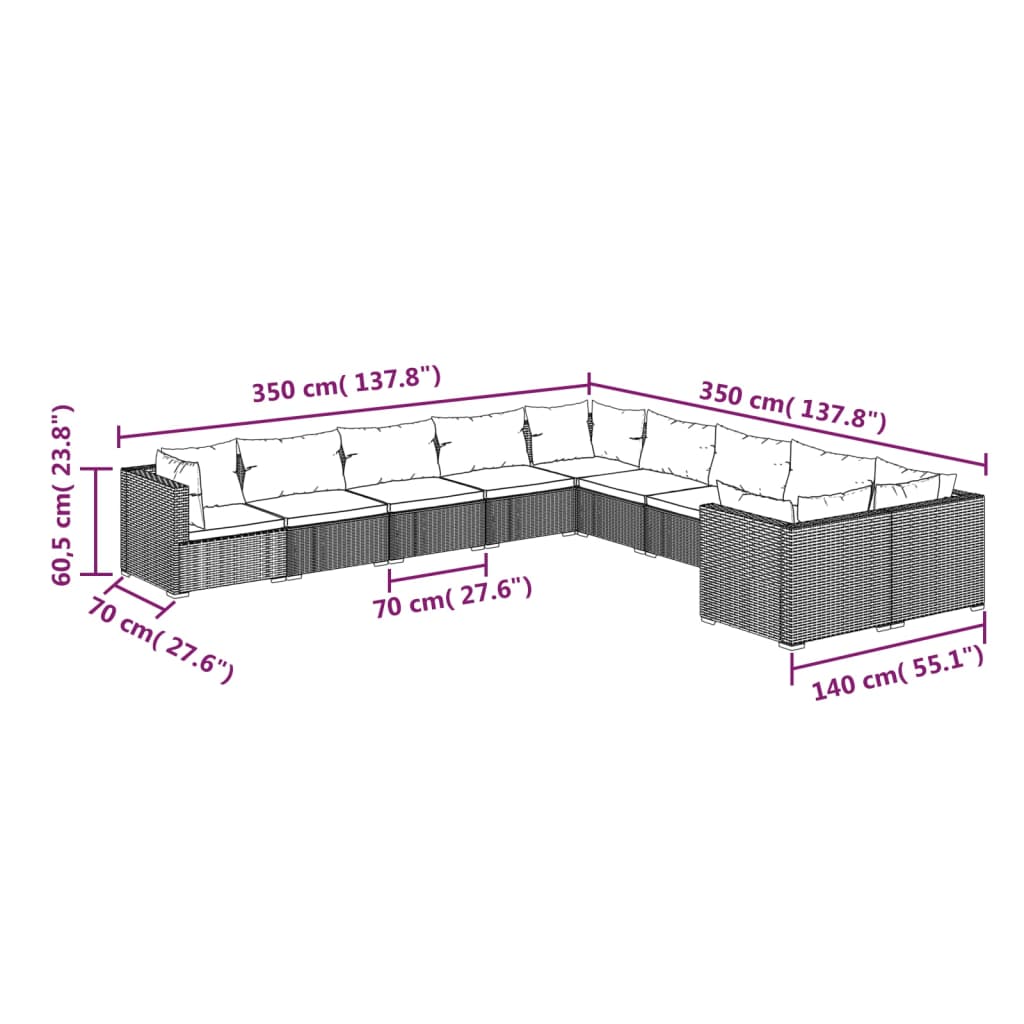 vidaXL 10-dielna záhradná sedacia súprava s podložkami polyratan sivá