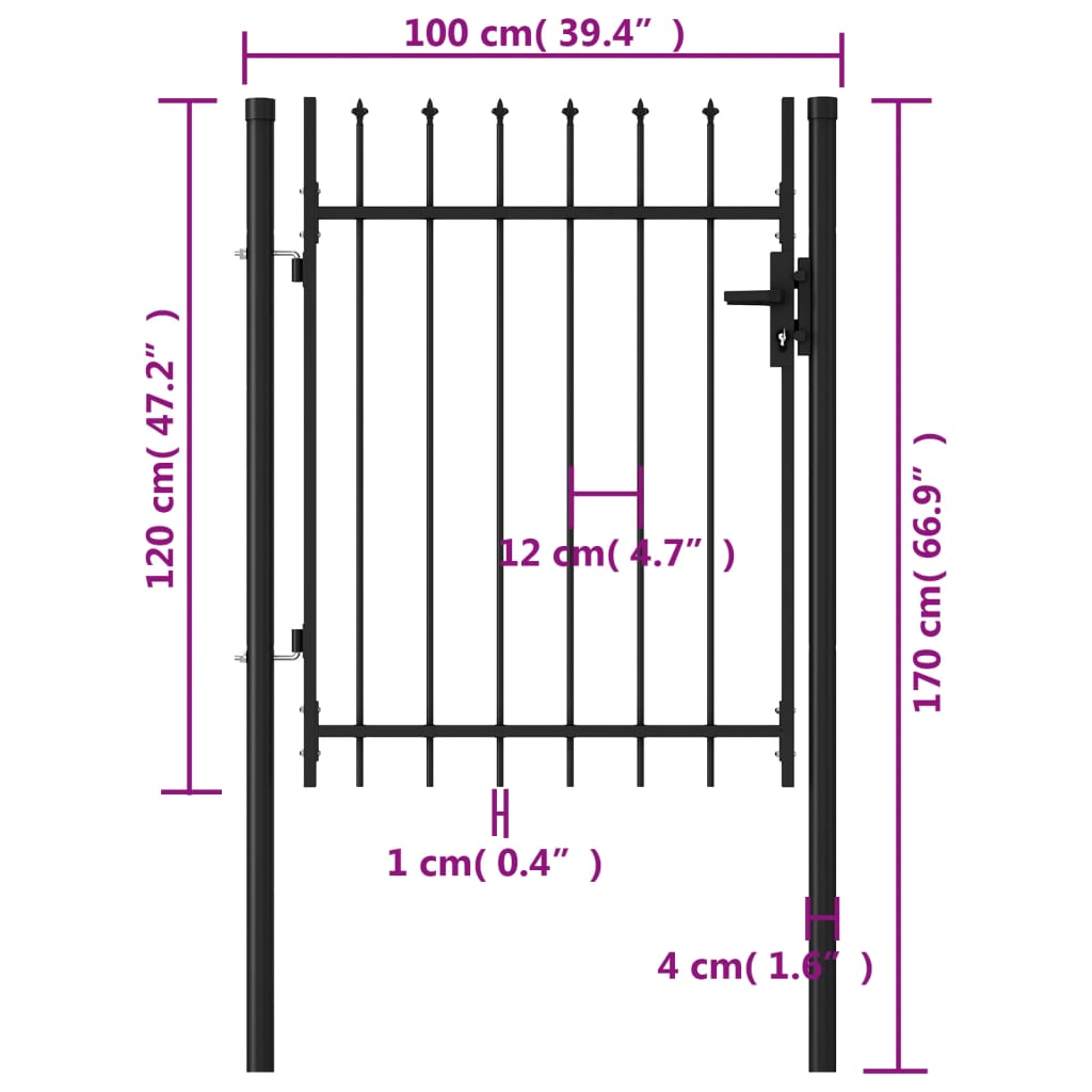 vidaXL Jednokrídlová plotová brána s hrotmi, oceľ 1x1,2 m, čierna