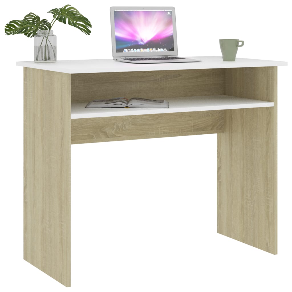 vidaXL Písací stôl, biela a dub sonoma 90x50x74 cm, drevotrieska