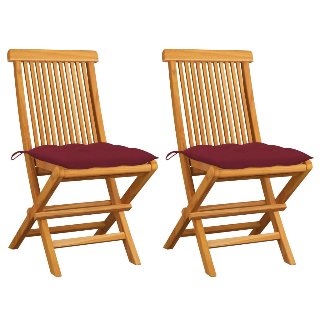 vidaXL Záhradné stoličky s vínovo-červenými podložkami 2 ks tíkový masív