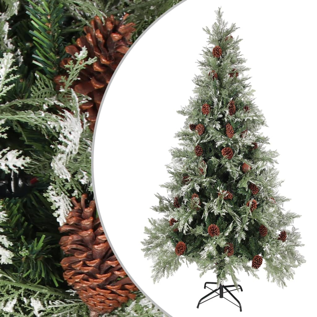 vidaXL Vianočný stromček a borovicové šišky zeleno-biely 225 cm PVC&PE