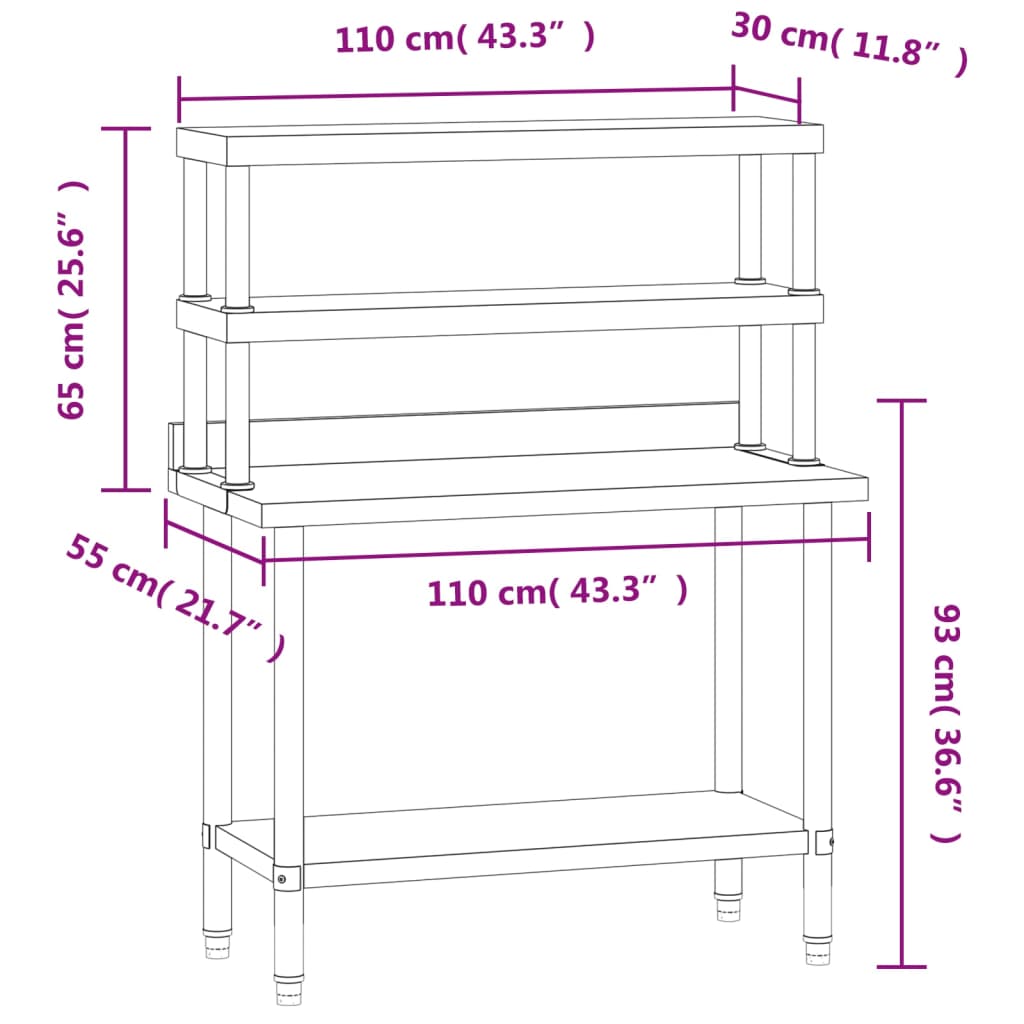 vidaXL Kuchynský pracovný stôl s policou 110x55x150 cm nehrdzav. oceľ