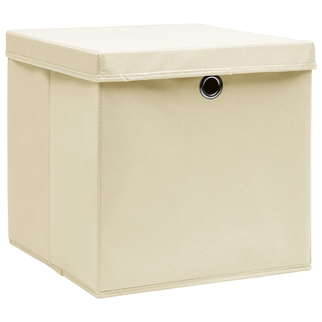 vidaXL Úložné boxy s vekom 10 ks, 28x28x28 cm, krémové