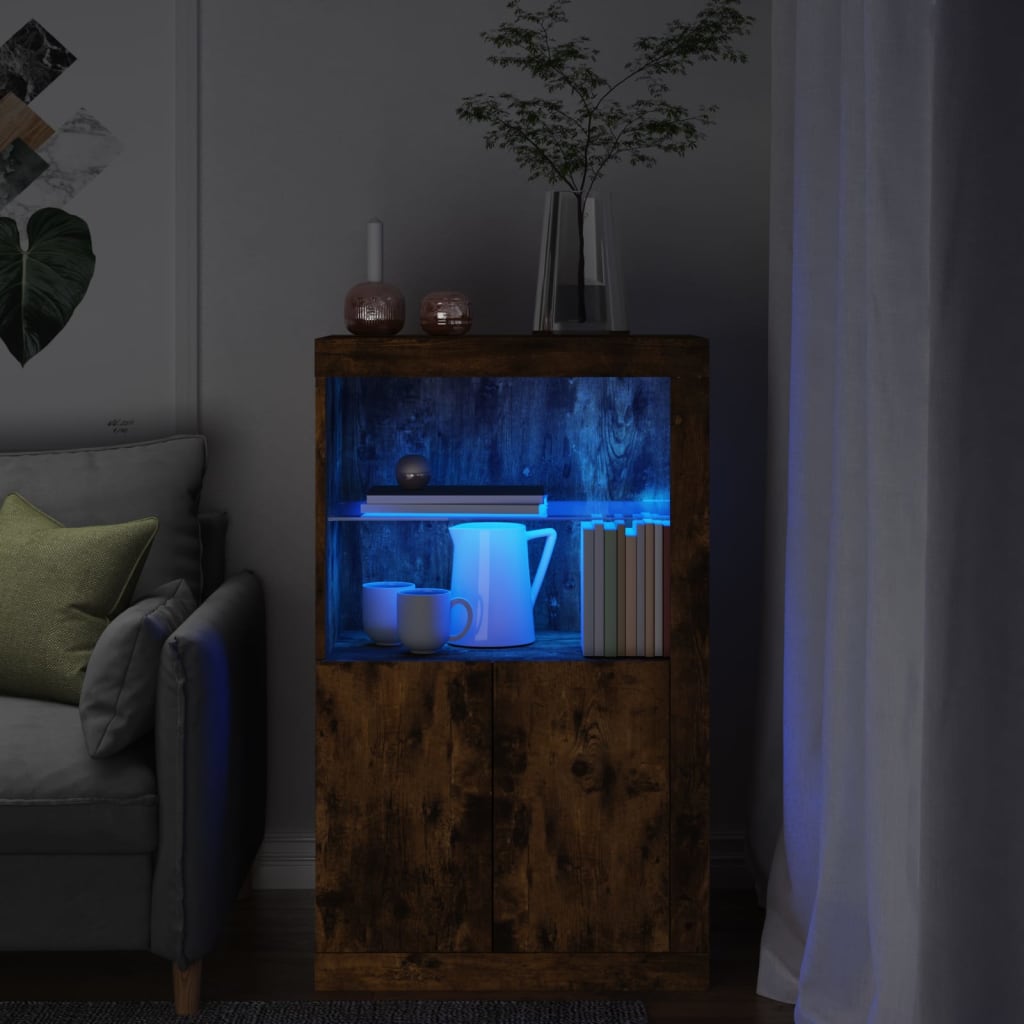 vidaXL Bočná skrinka s LED svetlami dymový dub kompozitné drevo