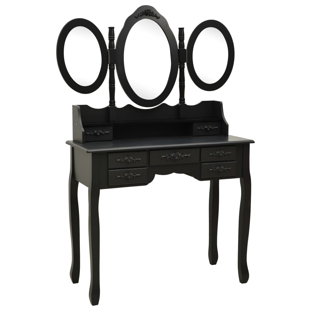 vidaXL Toaletný stolík so stoličkou a 3-dielnym zrkadlom čierny