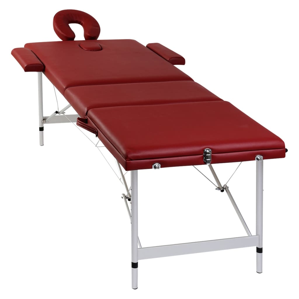 Červený skladací masážny stôl s 3 zónami a hliníkovým rámom