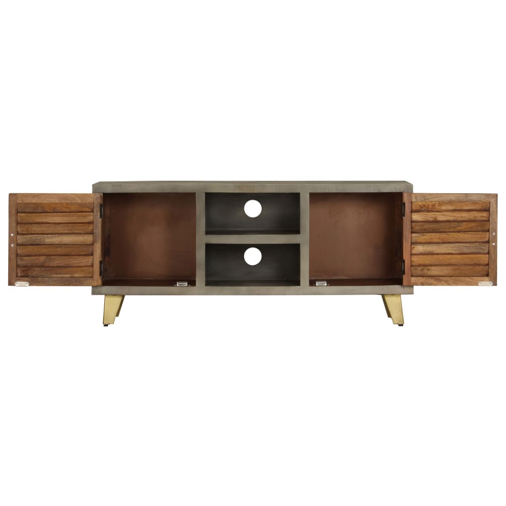 vidaXL TV stolík z masívneho mangovníkového dreva sivý a mosadzný 110x30x48 cm