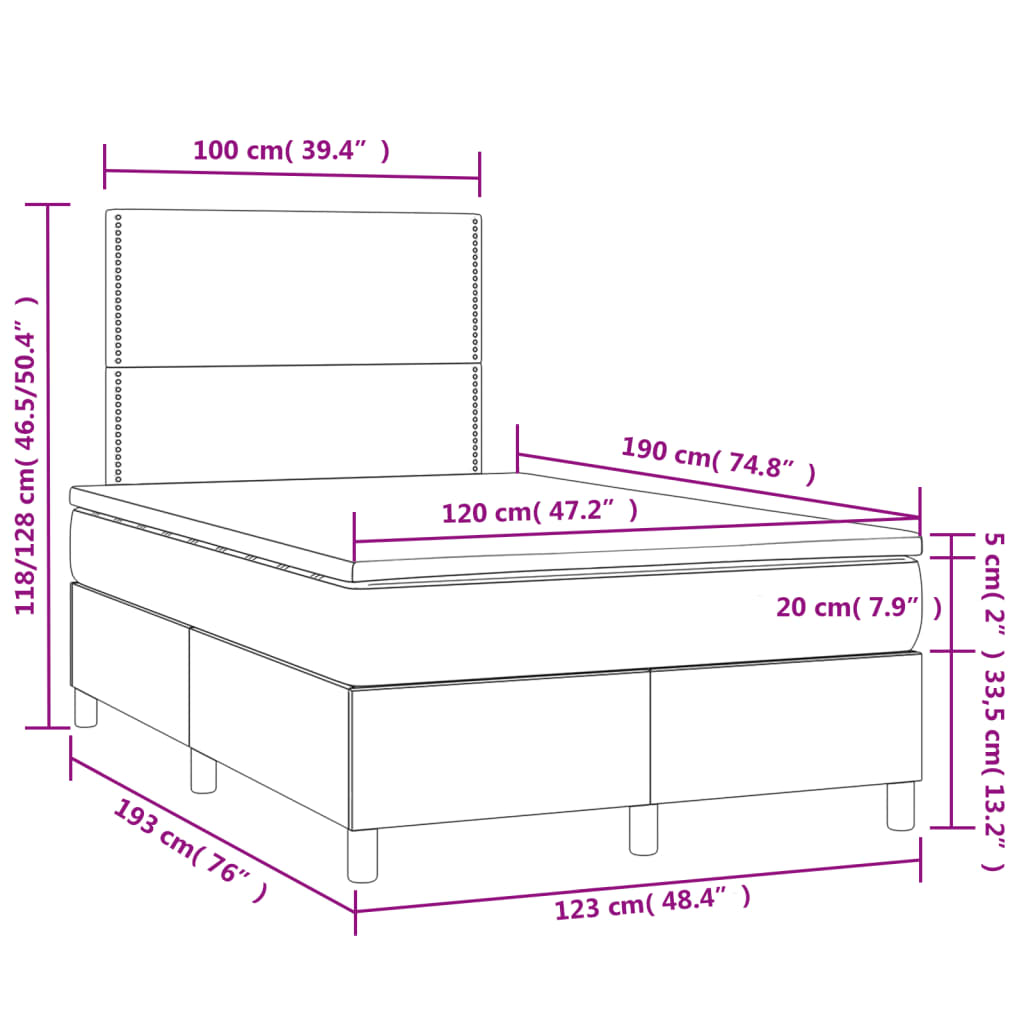 vidaXL Boxspring posteľ s matracom a LED, čierna 120x190 cm, látka