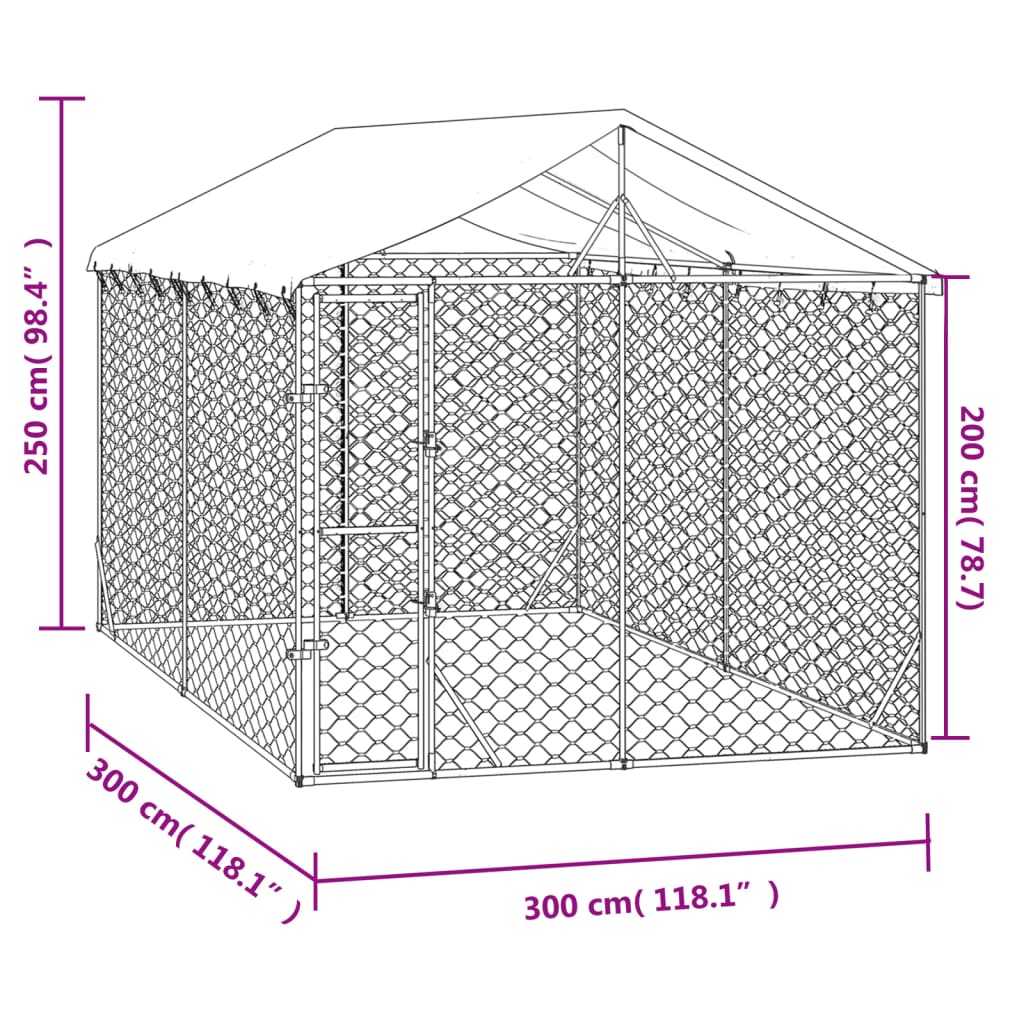 vidaXL Vonkajší koterec pre psov so strechou strieborný 3x3x2,5 m oceľ