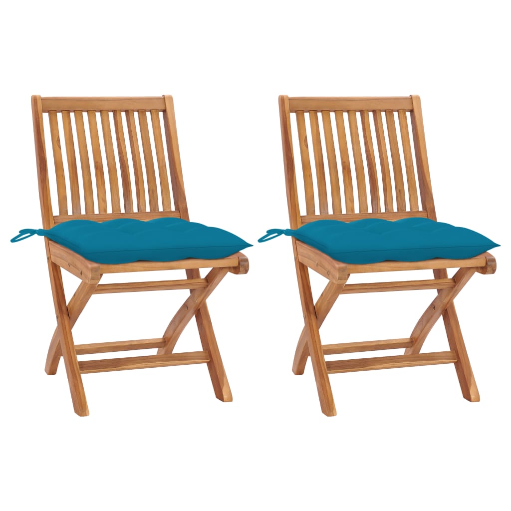 vidaXL Záhradné stoličky 2 ks, svetlomodré podložky, tíkový masív