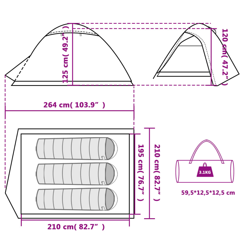 vidaXL Kempingový stan, kupola, 3 osoby, biely, zatemňovacia látka