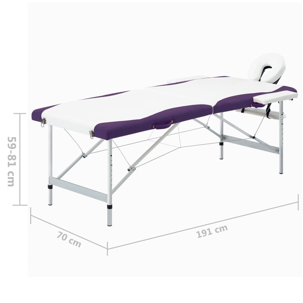 vidaXL 2-zónový skladací masážny stôl bielo-fialový hliníkový