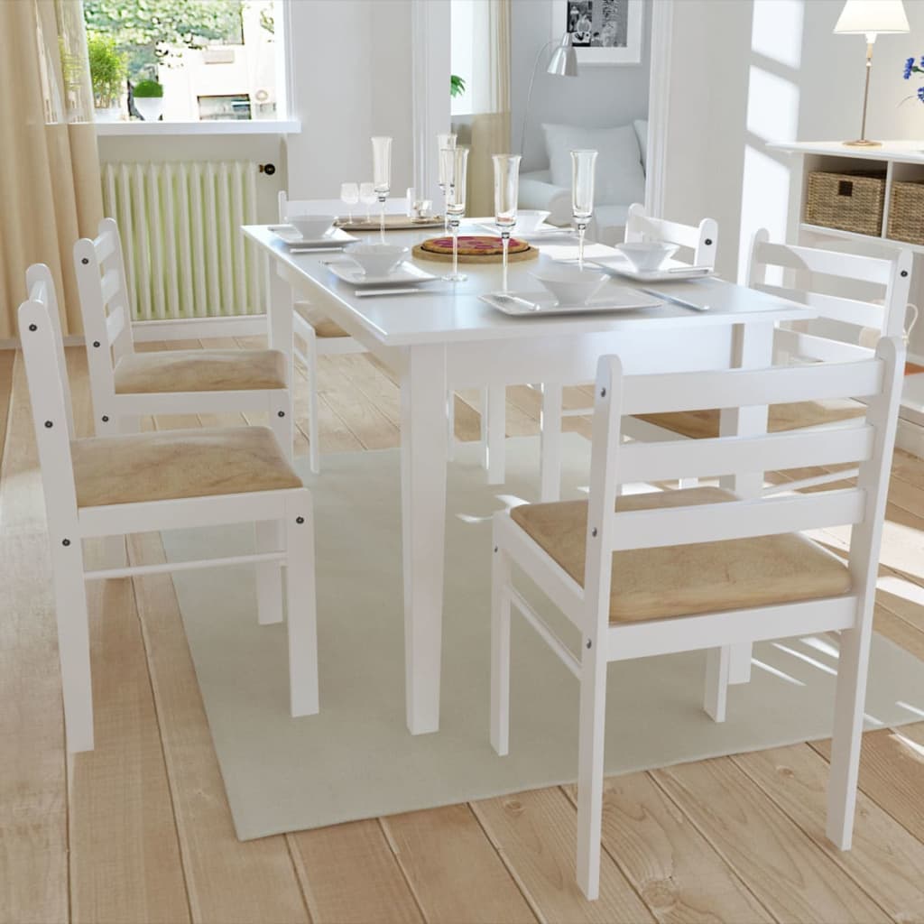vidaXL Jedálenské stoličky 6 ks, biele, drevený masív a zamat