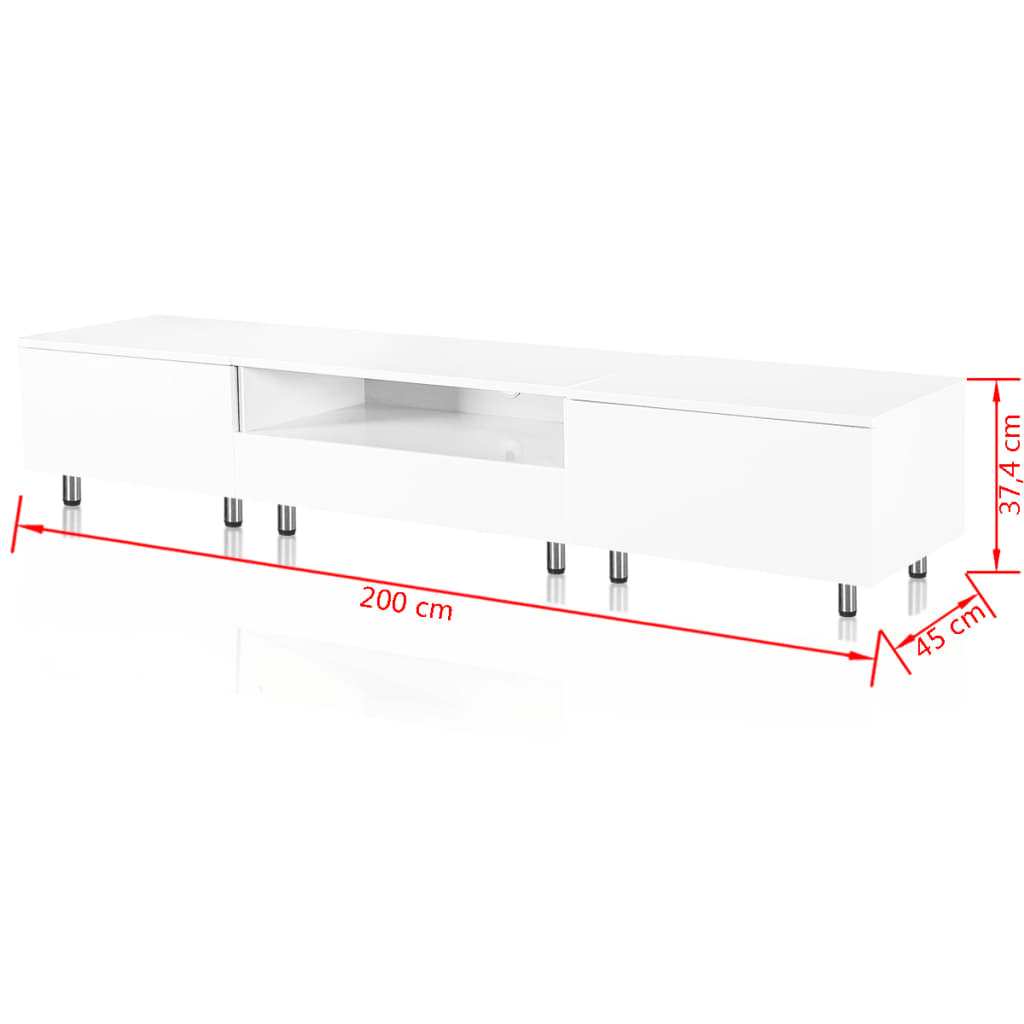 LED biely TV stojan s vysokým leskom, 200 cm