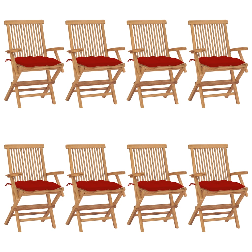 vidaXL Záhradné stoličky s červenými podložkami 8 ks tíkový masív