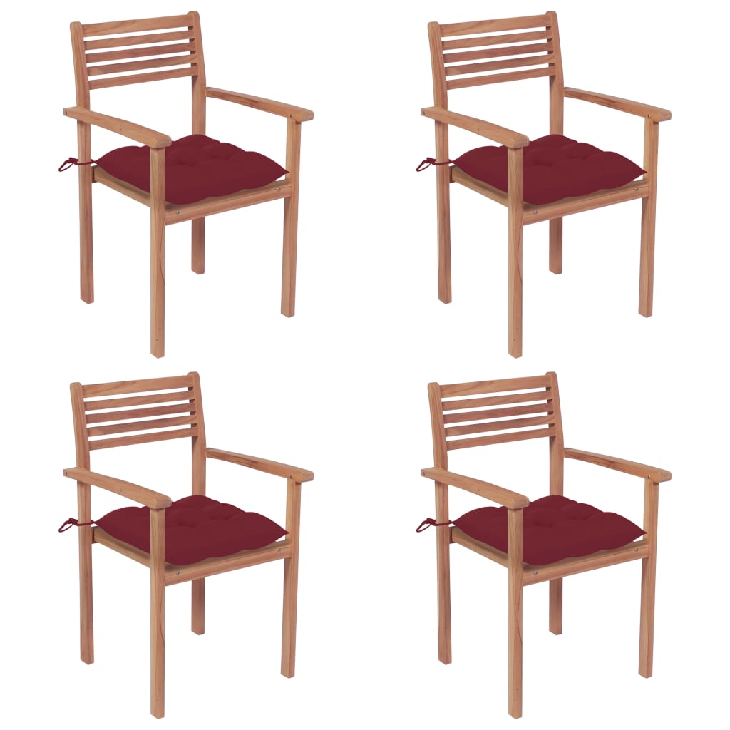 vidaXL Záhradné stoličky 4 ks vínovočervené podložky teakový masív