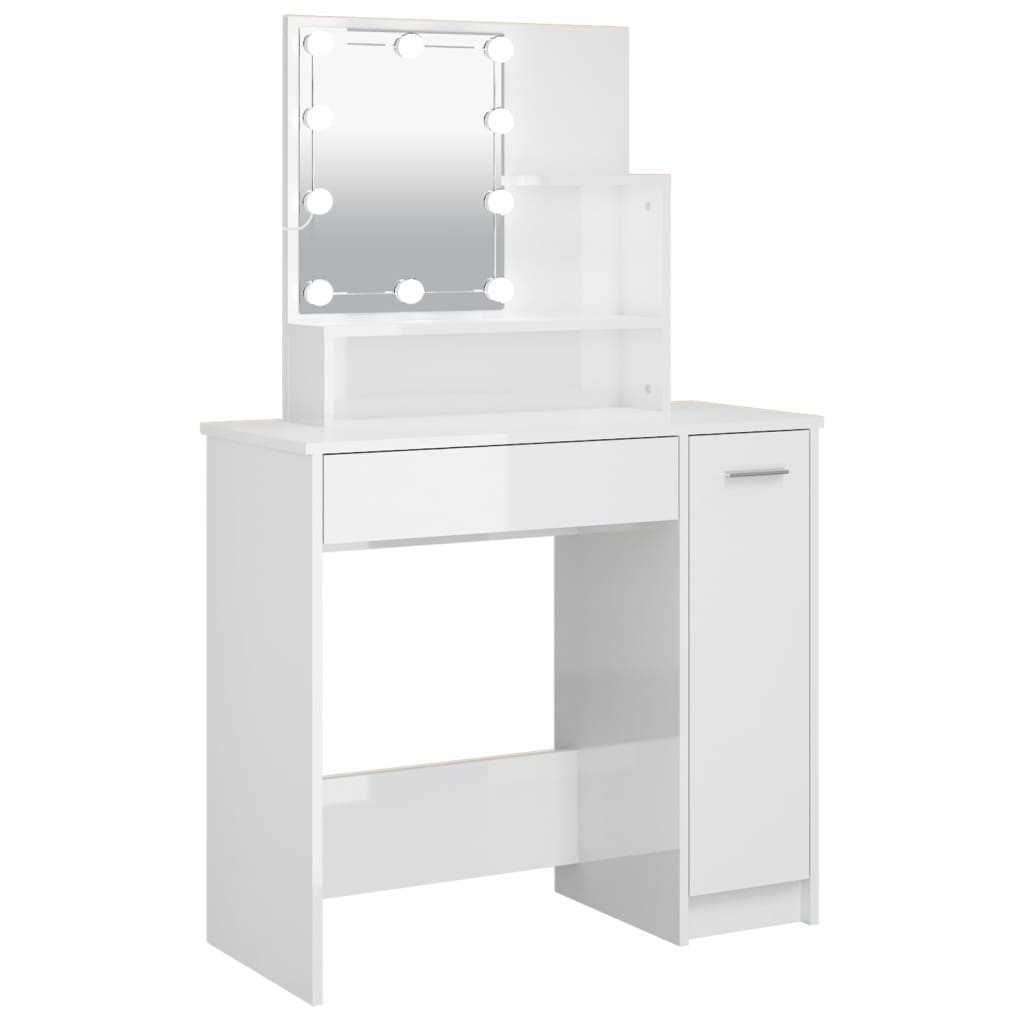vidaXL Toaletný stolík s LED lesklý biely 86,5x35x136 cm