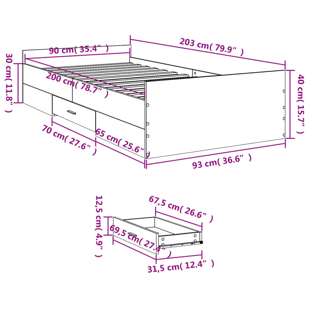vidaXL Posteľný rám so zásuvkami sivý sonoma 90x200 cm kompozit. drevo