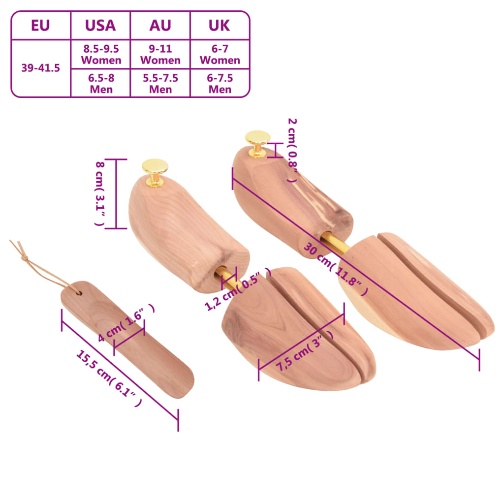 vidaXL Napínač topánok s obuvákom EU 39-41,5 masívne cédrové drevo