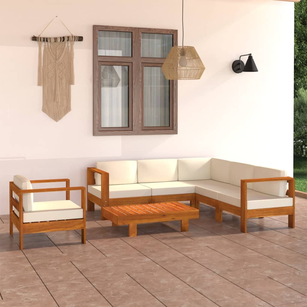 vidaXL 7-dielna záhradná sedacia súprava s krémovobielymi podložkami akáciové drevo