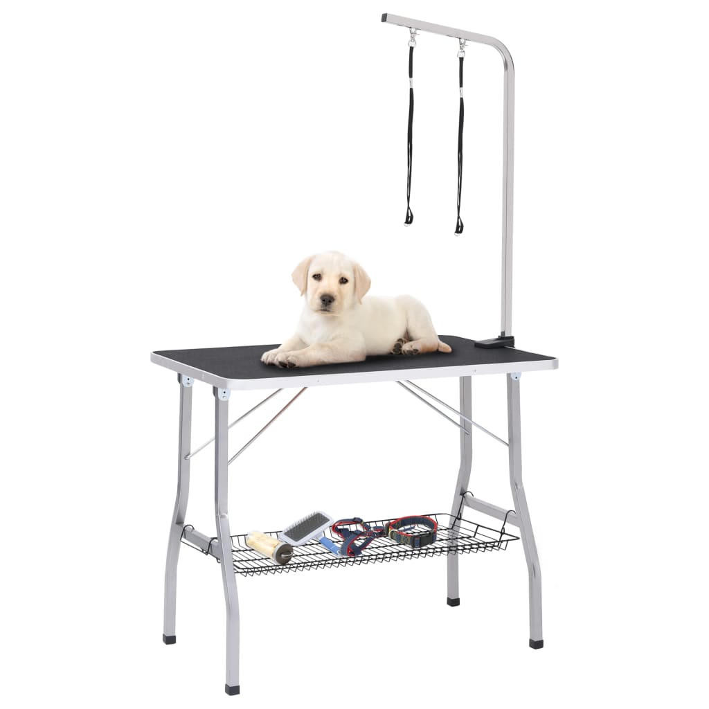 vidaXL Nastaviteľný trimovací stôl pre psa s 2 slučkami a košíkom