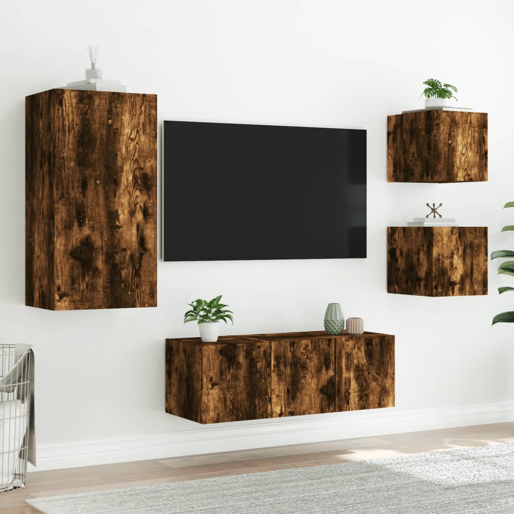 vidaXL 5-dielne TV nástenné skrinky s LED dymový dub kompozitné drevo