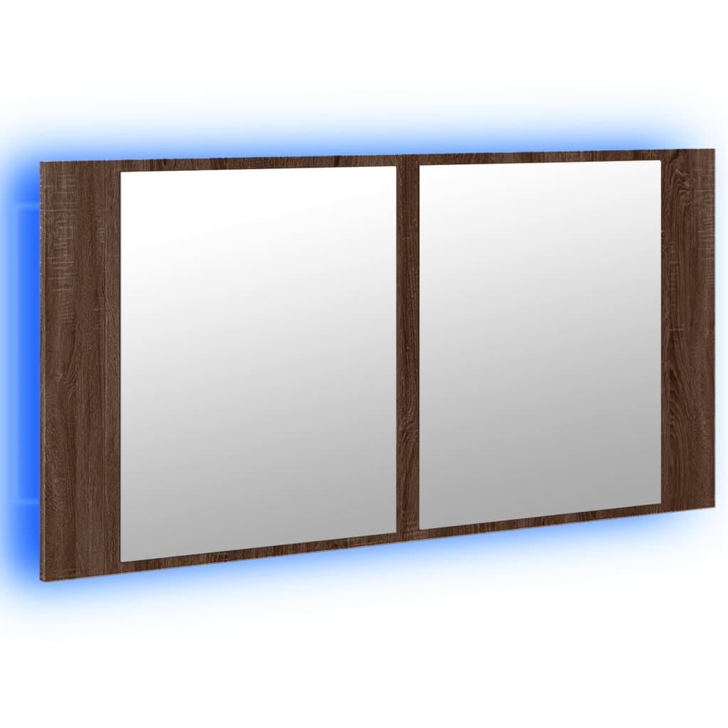 vidaXL LED kúpeľňová zrkadlová skrinka hnedý dub 90x12x45 cm akryl