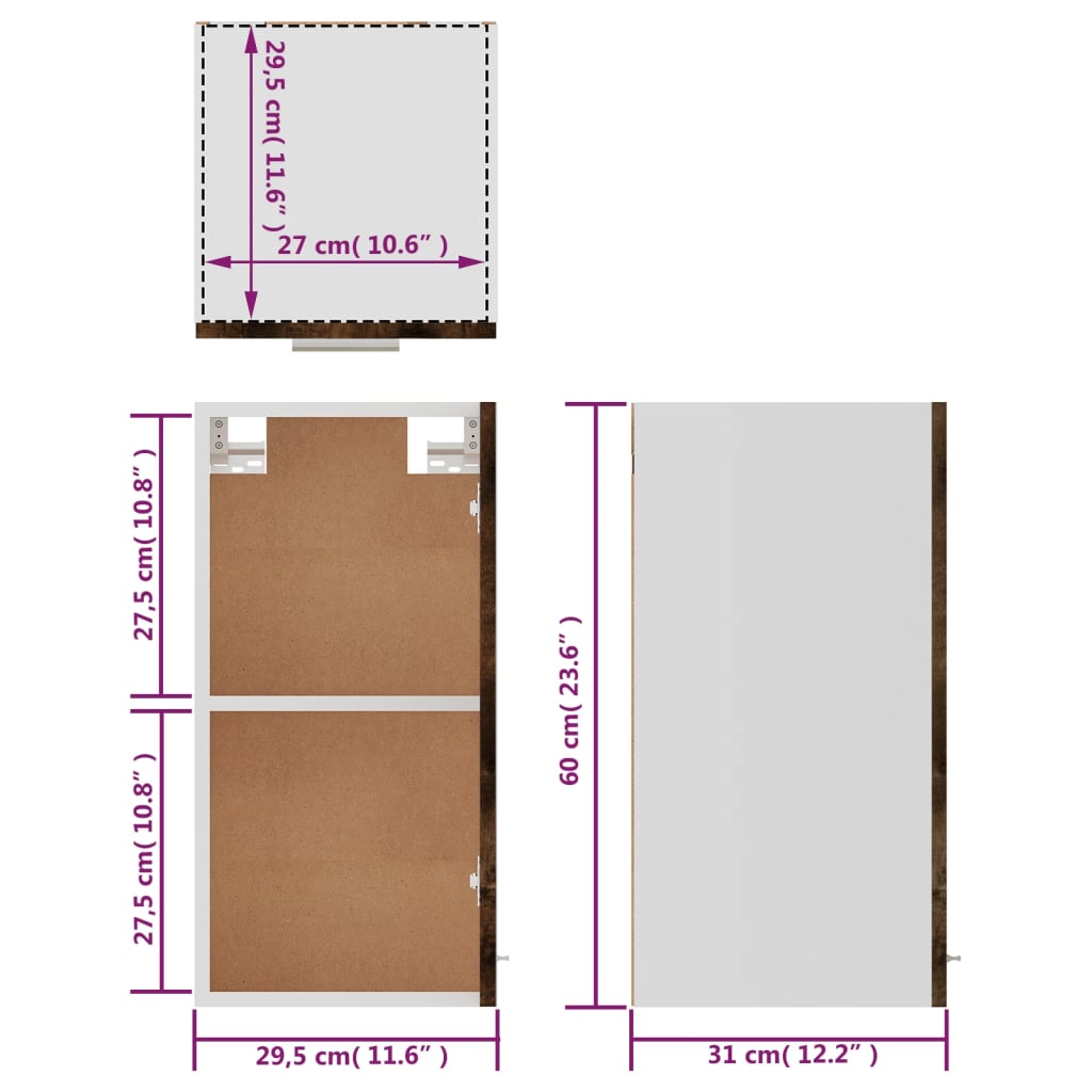 vidaXL Závesná skrinka dymový dub 29,5x31x60 cm spracované drevo