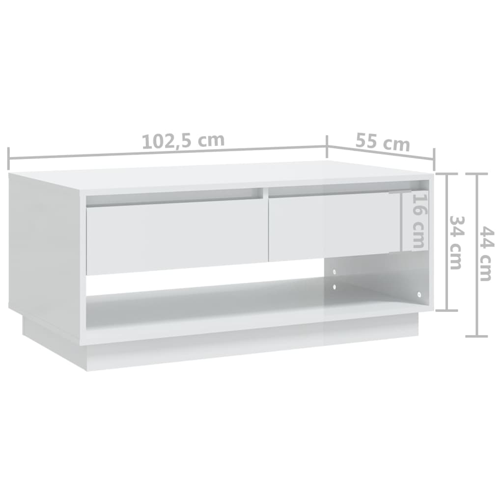 vidaXL Konferenčný stolík lesklý biely 102,5x55x44 cm drevotrieska