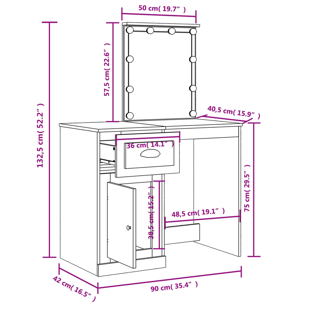 vidaXL Toaletný stolík s LED svetlami sivý sonoma 90x42x132,5 cm