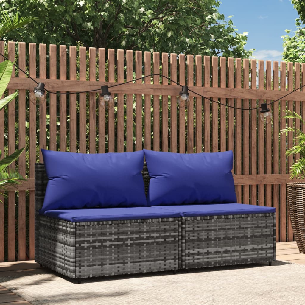 vidaXL Záhradné stredové pohovky s vankúšmi 2 ks sivé polyratan