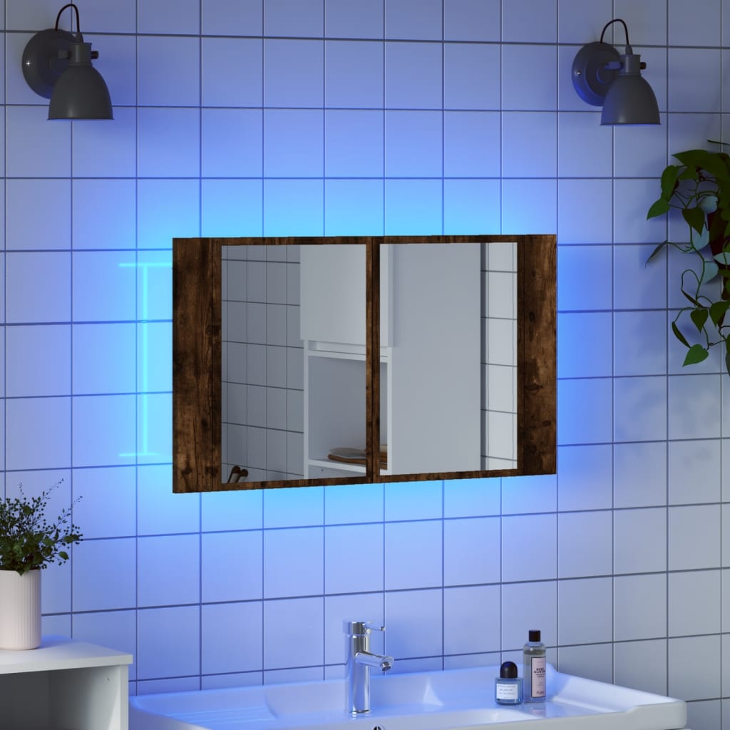 vidaXL LED kúpeľňová zrkadlová skrinka dymový dub 80x12x45 cm akryl