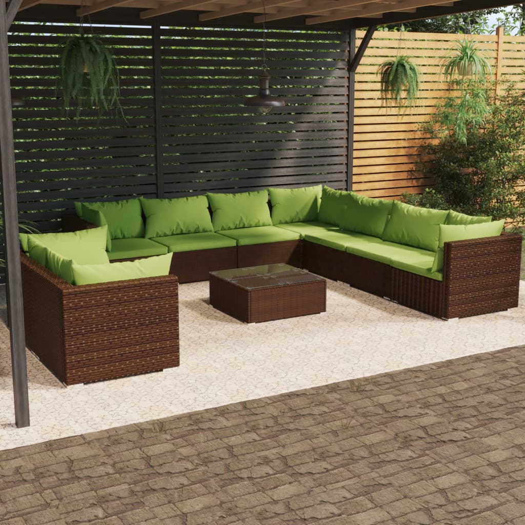 vidaXL 10-dielna záhradná sedacia súprava s vankúšmi hnedá polyratan