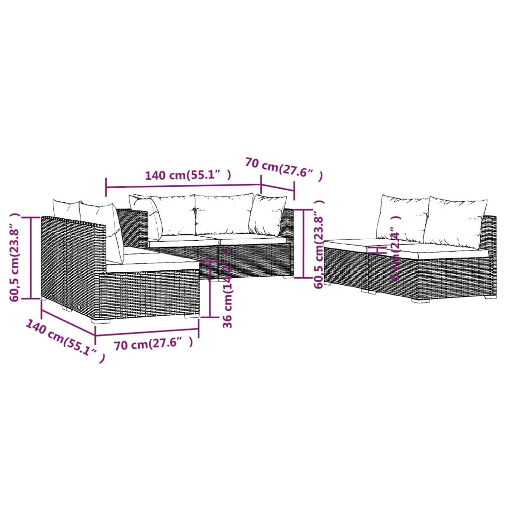 vidaXL 6-dielna záhradná sedacia súprava s vankúšmi polyratan sivá