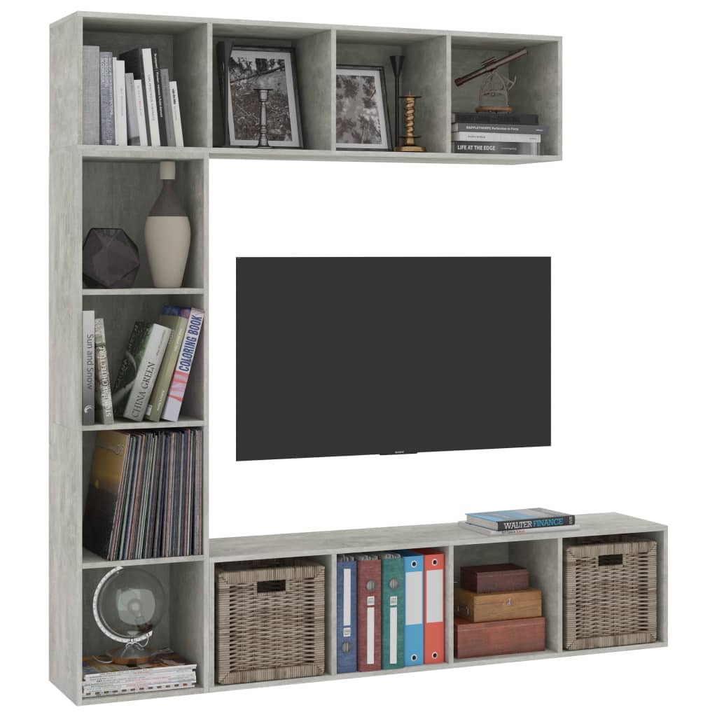 vidaXL 3-dielna knižnica/TV skrinka betónovo-sivá 180x30x180 cm
