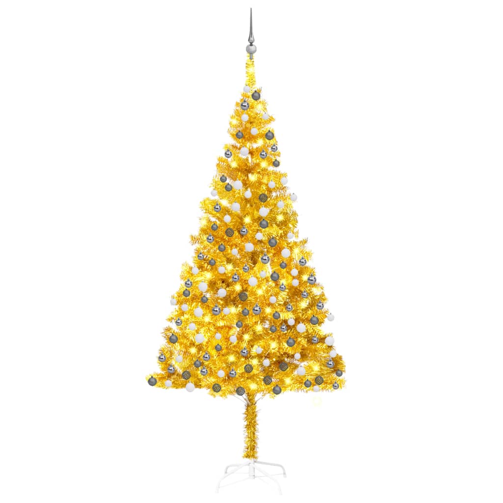 vidaXL Osvetlený umelý vianočný stromček s guľami, zlatý 210 cm, PET