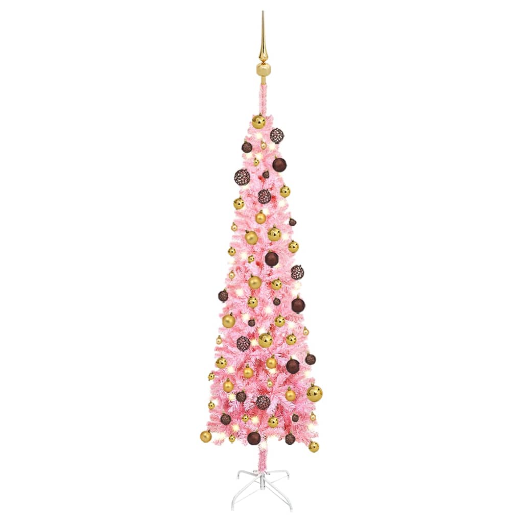 vidaXL Úzky osvetlený vianočný stromček s guľami, ružový 150 cm