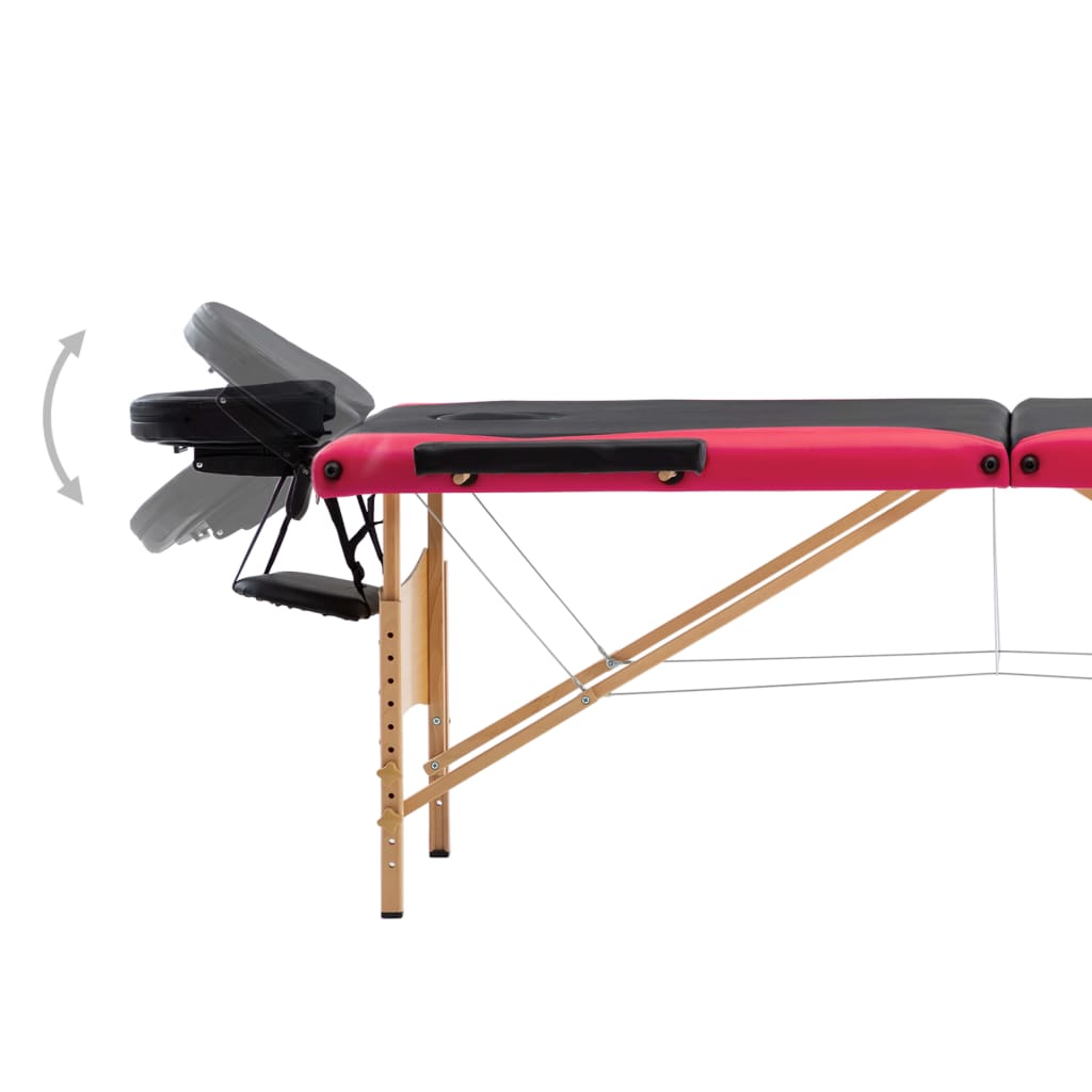 vidaXL Skladací masážny stôl, 3 zóny, drevo, čierno ružový