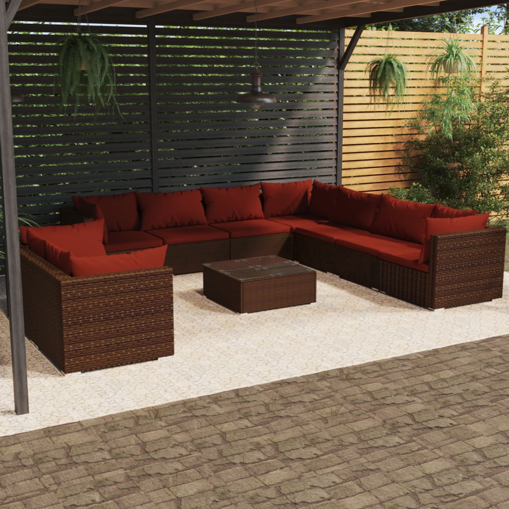 vidaXL 10-dielna záhradná sedacia súprava s vankúšmi hnedá polyratan