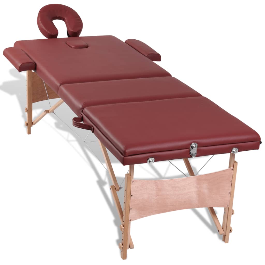 Červený skladací masážny stôl s 3 zónami a dreveným rámom